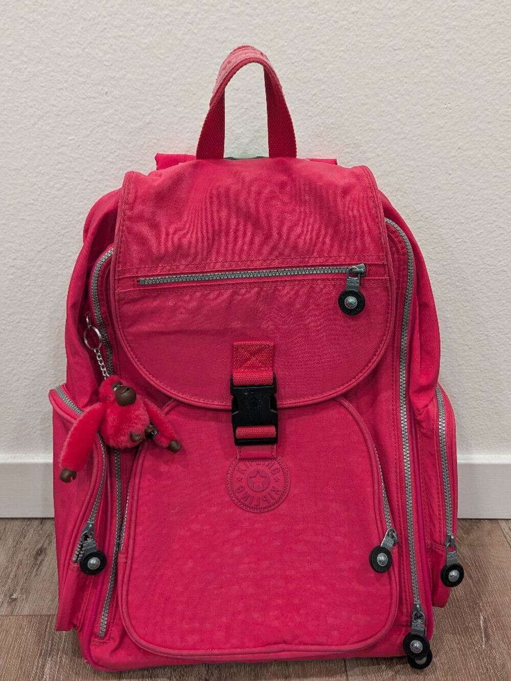 Kipling Sausalito Rolling Backpack Pink Wheeled Carry-On Monkey Keychain